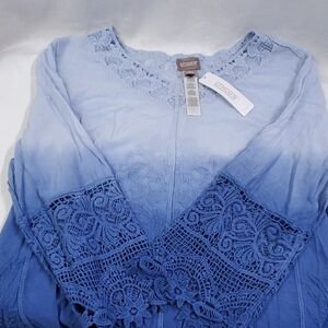 Chico's NWT Women's Blue Ombre Lace Trim Embroidered Boho Pullover Tunic Large